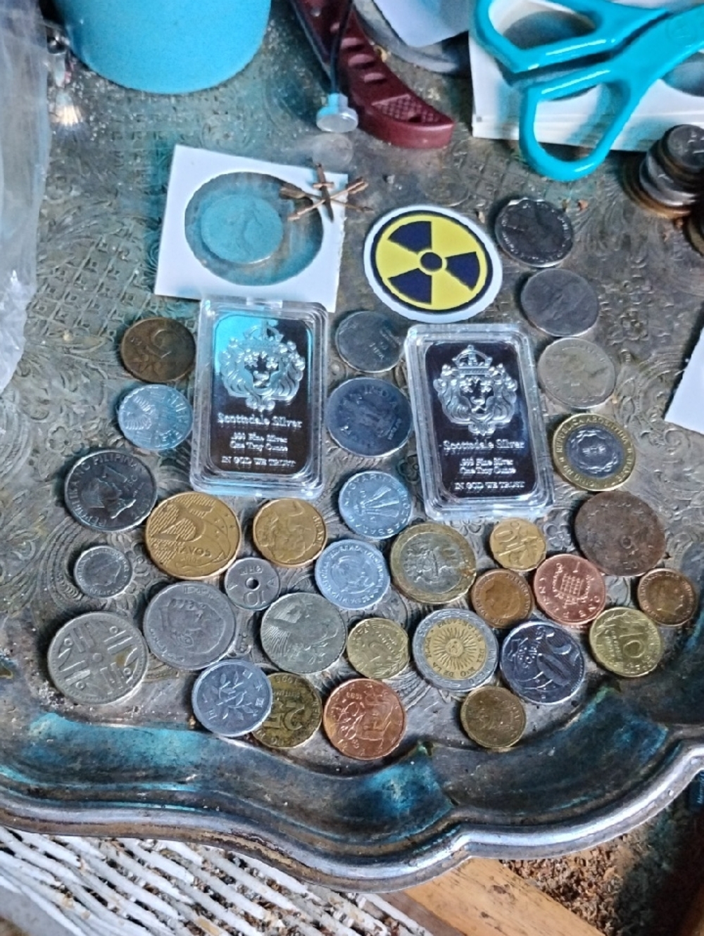 Mixed World Coin & Silver Metal Bar Pair Lot - Assorted Metals